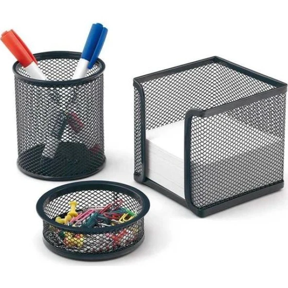 Metal Perfore Örgü Masaüstü 3'lü Tel Kalemlik Seti  - Kalemlik , Küp notluk , Ataşlık - Siyah - Resim 2