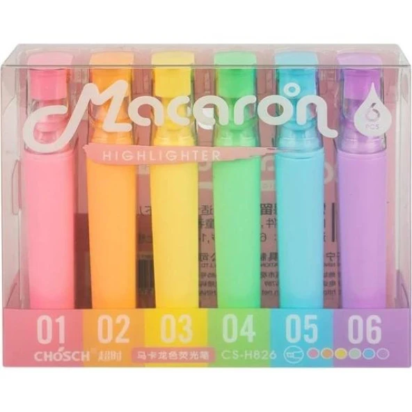 Macaron CS-H826 Pastel Renkli 6 Çeşitli Fosforlu Kalem Seti -  İşaretleyici Kalem Seti - 2