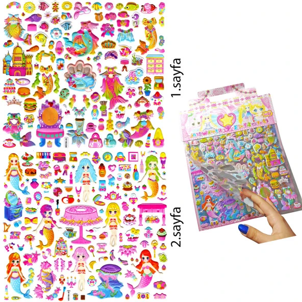Çantalı Sticker Kabartmalı , İki Sayfalı Giydirmeli Sticker Seti, (WSY99 - 05) - 28X29 cm - Deniz Kızı Prenses Giydirme