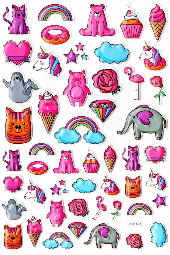 Sticker Kabartmalı A4 Boyutunda Stiker Defter, Planlayıcı Etiket-(lim503) - Pembe Temalı Unicorn Dondurma