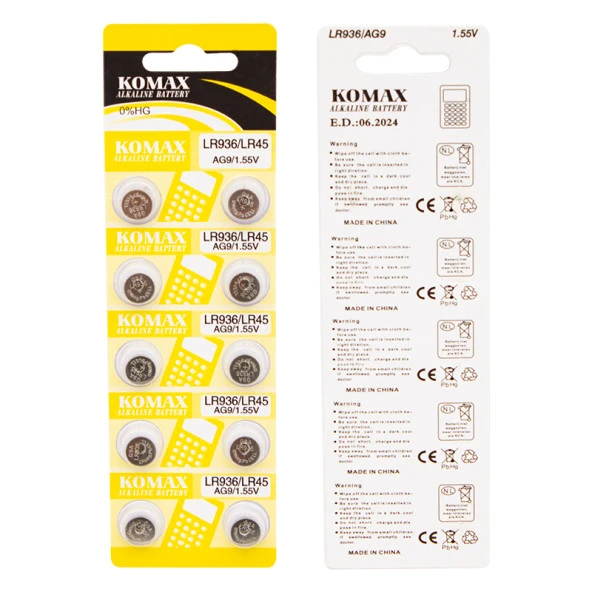 Komax AG-9 Alkalin LR936/394A Düğme Pil 10'Lu Paket ürün görseli 1