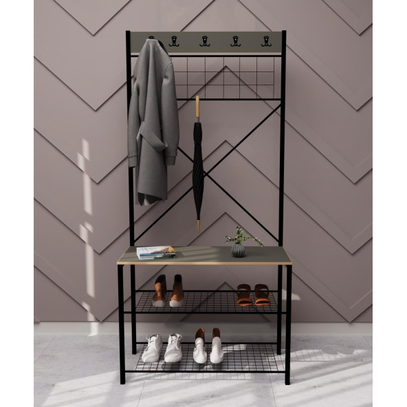 Eportatif Geniş Metal Portmanto, Elbise Askılığı, Vestiyer, Ayakkabılık Füme 1348