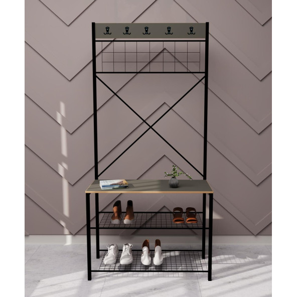 Eportatif Geniş Metal Portmanto, Elbise Askılığı, Vestiyer, Ayakkabılık Füme 1348 - 2