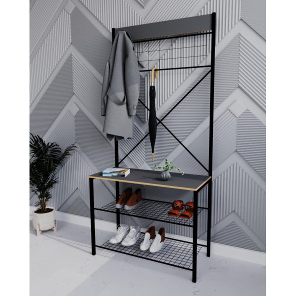 Eportatif Geniş Metal Portmanto, Elbise Askılığı, Vestiyer, Ayakkabılık Füme 1348 - 3