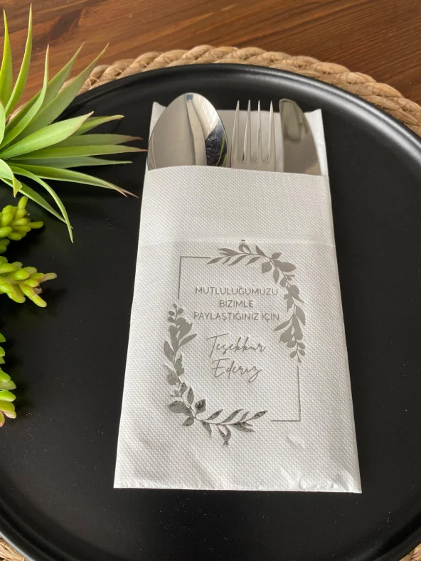 Gümüş Yaldızlı Beyaz Mutluluğumuzu Bizimle Paylaştığınız İçin Teşekkür Ederiz Cepli Peçete 12 Adet ürün görseli 1