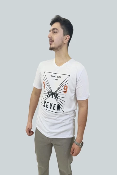 Erkek Seven V Yaka Beyaz Tişört - 2