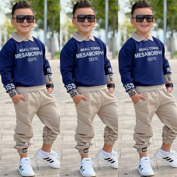 MODAVALS GÖMLEK YAKA SWEATSHIRT VE GABARDİN KARGO PANTOLON ERKEK ÇOCUK KOMBİN - 5