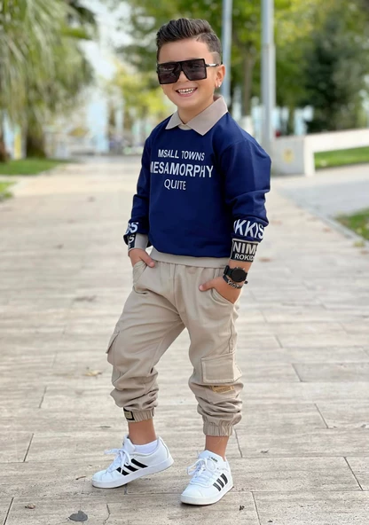 MODAVALS GÖMLEK YAKA SWEATSHIRT VE GABARDİN KARGO PANTOLON ERKEK ÇOCUK KOMBİN - 3