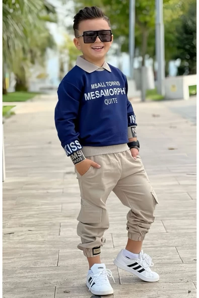 MODAVALS GÖMLEK YAKA SWEATSHIRT VE GABARDİN KARGO PANTOLON ERKEK ÇOCUK KOMBİN - 2