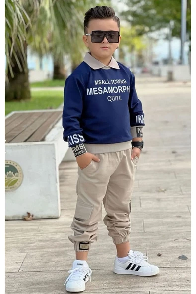 MODAVALS GÖMLEK YAKA SWEATSHIRT VE GABARDİN KARGO PANTOLON ERKEK ÇOCUK KOMBİN - 2