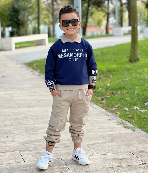 MODAVALS GÖMLEK YAKA SWEATSHIRT VE GABARDİN KARGO PANTOLON ERKEK ÇOCUK KOMBİN - 12