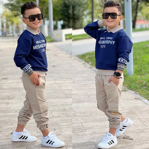 MODAVALS GÖMLEK YAKA SWEATSHIRT VE GABARDİN KARGO PANTOLON ERKEK ÇOCUK KOMBİN - 7