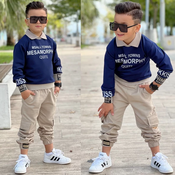 MODAVALS GÖMLEK YAKA SWEATSHIRT VE GABARDİN KARGO PANTOLON ERKEK ÇOCUK KOMBİN - 11