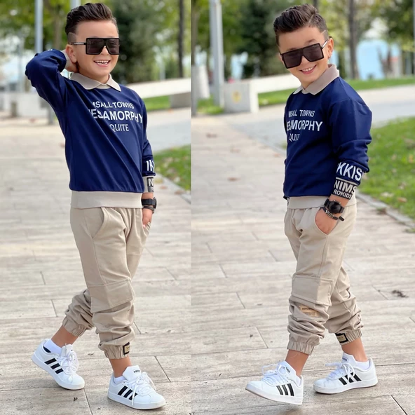 MODAVALS GÖMLEK YAKA SWEATSHIRT VE GABARDİN KARGO PANTOLON ERKEK ÇOCUK KOMBİN - 9