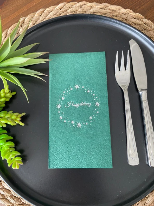 Gümüş Yaldızlı Yeşil Yıldız Çerçeveli Hoşgeldiniz Peçete 16 Adet ürün görseli 1