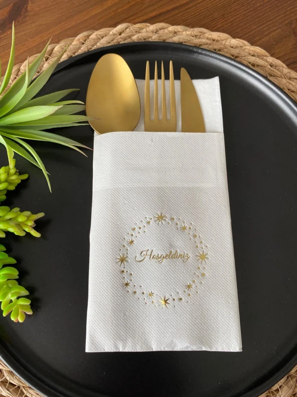 Gold Yaldızlı Beyaz Yıldız Çerçeveli Hoşgeldiniz Cepli Peçete 12 Adet ürün görseli 1