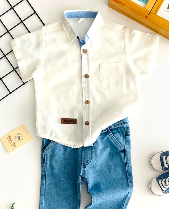 Neşeli Bebekler Kısa Kolu Gömlek Uzun Kot Pantolon Takım Mavi - 2