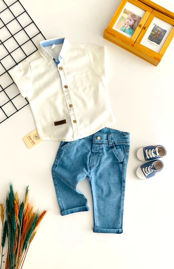 Neşeli Bebekler Kısa Kolu Gömlek Uzun Kot Pantolon Takım Mavi - 3