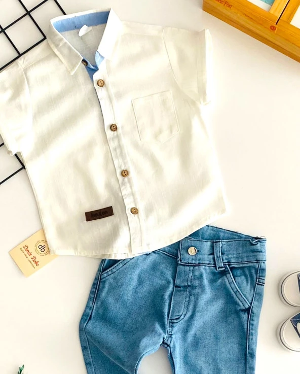 Neşeli Bebekler Kısa Kolu Gömlek Uzun Kot Pantolon Takım Mavi - 4