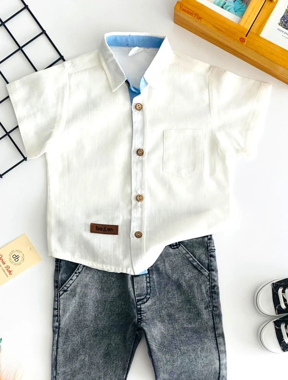 Neşeli Bebekler Kısa Kolu Gömlek Uzun Kot Pantolon Takım Siyah - 2