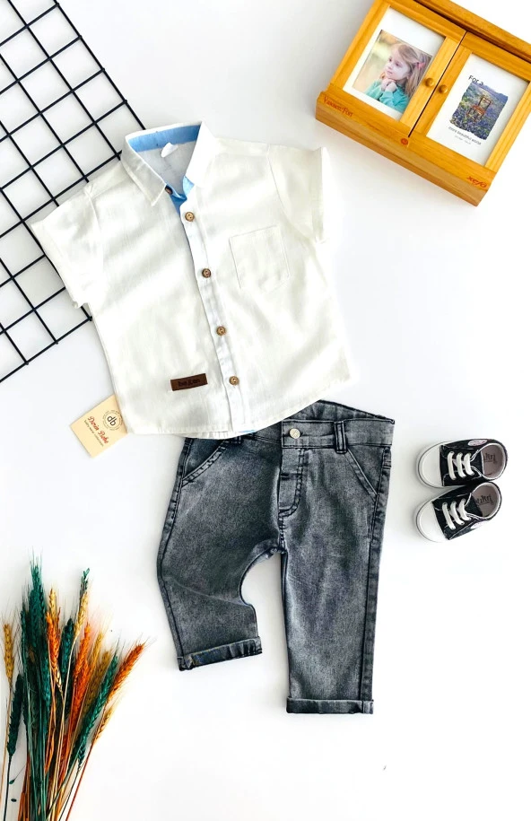 Neşeli Bebekler Kısa Kolu Gömlek Uzun Kot Pantolon Takım Siyah - 3