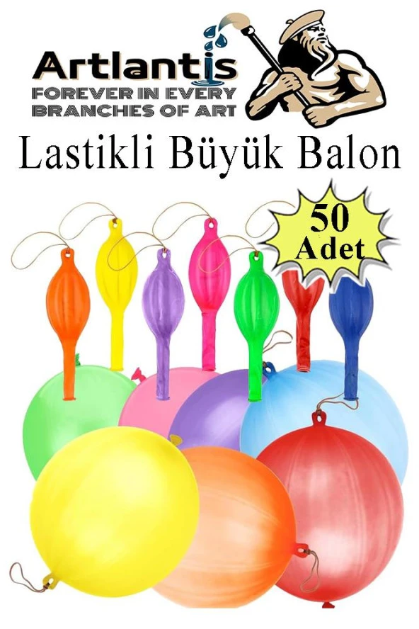 Lastikli Balon Zıpzıp 50 Adet İpli Balon Lateks Büyük Balon Punch Panç Renkli Balon