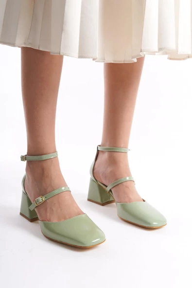 Sigva Mary Jane Yazlık Mint Yeşili Rugan Kalın Topuklu Bantlı Ayakkabı - Resim 3