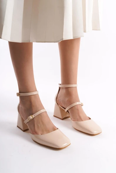 Sigva Mary Jane Yazlık Ten Rugan Kalın Topuklu Bantlı Ayakkabı - 2