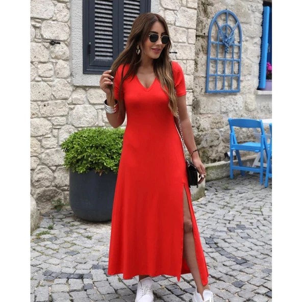 Lucky Life Kısa Kollu V Yaka Maxi Boy Elbise - 2