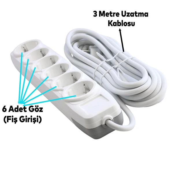 Grup Priz 6'lı Altı Gözlü Anahtarsız Topraklı 3 Metre Seyyar Ara Kablolu Uzatma Kablolusu Altılı Piriz Kablo - 2
