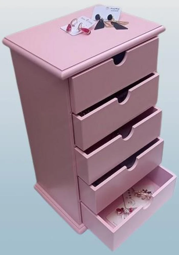 Hobi 90381 Şifonyer Takı Makyaj Kutusu 5Çekmece Parlak Pembe Lake Boya ElYapı - 2