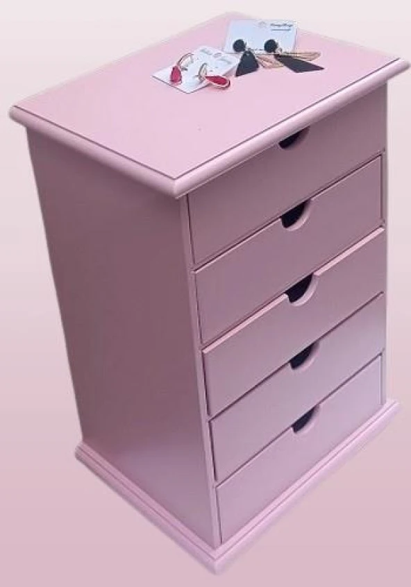 Hobi 90381 Şifonyer Takı Makyaj Kutusu 5Çekmece Parlak Pembe Lake Boya ElYapı - 5