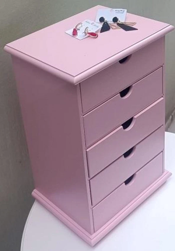 Hobi 90381 Şifonyer Takı Makyaj Kutusu 5Çekmece Parlak Pembe Lake Boya ElYapı - 7