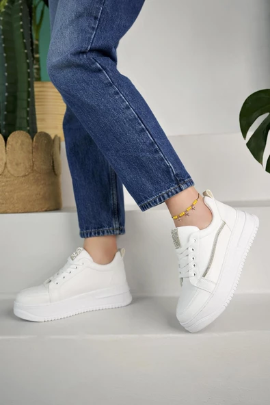 Muggo Malavi Garantili Günlük Rahat Kalın Taban Bağcıklı Taşlı Kadın Sneaker Spor Ayakkabı - 9
