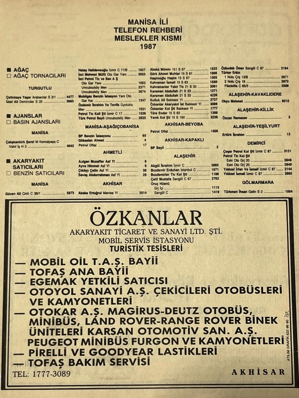 Manisa 1987 Meslek Reklam İlanı Efemera S-1