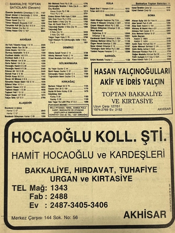 Manisa 1987 Meslek Reklam İlanı Efemera S-11