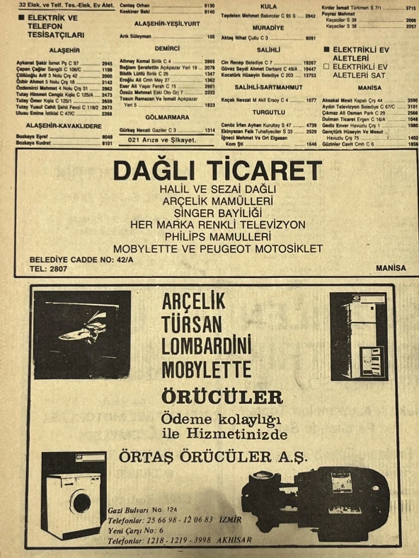 Manisa 1987 Meslek Reklam İlanı Efemera S-31 - 2