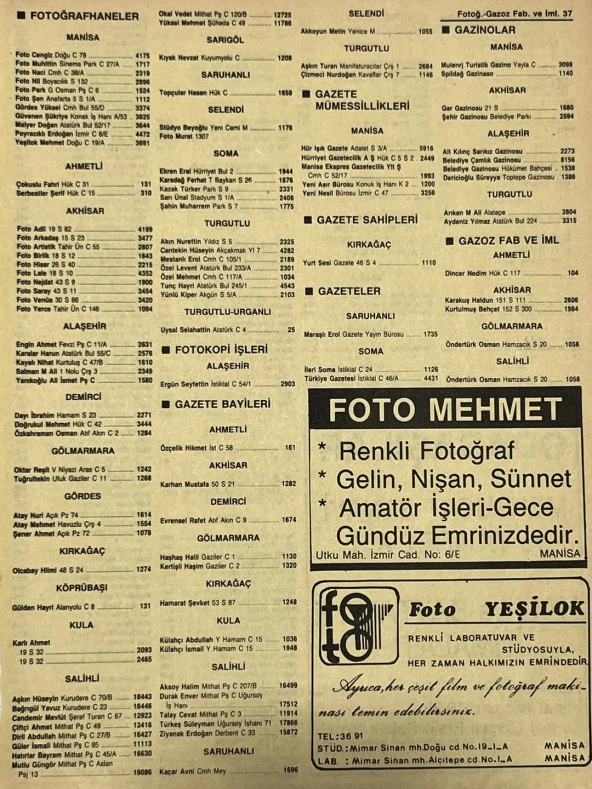 Manisa 1987 Meslek Reklam İlanı Efemera S-37