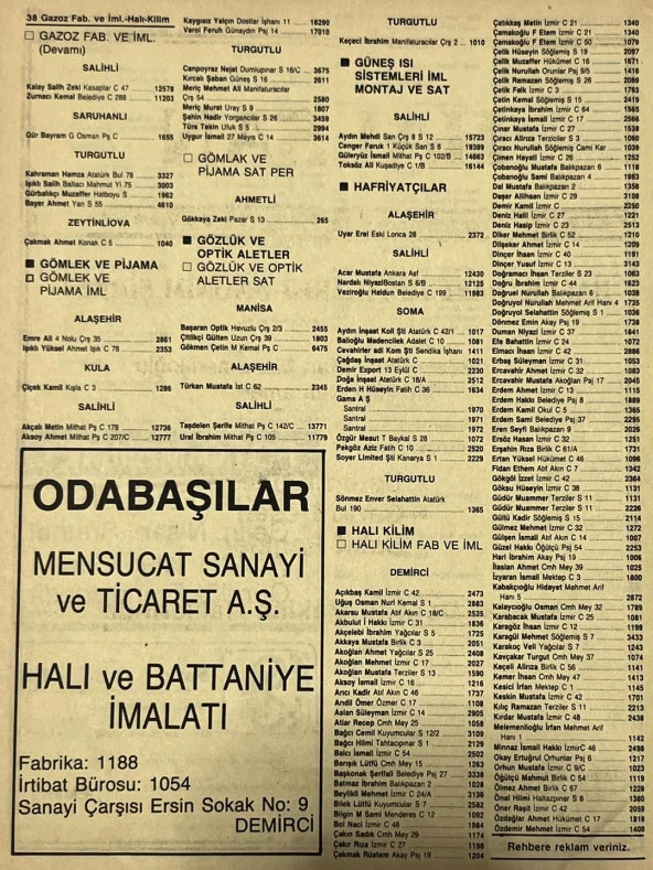 Manisa 1987 Meslek Reklam İlanı Efemera S-37 - 2