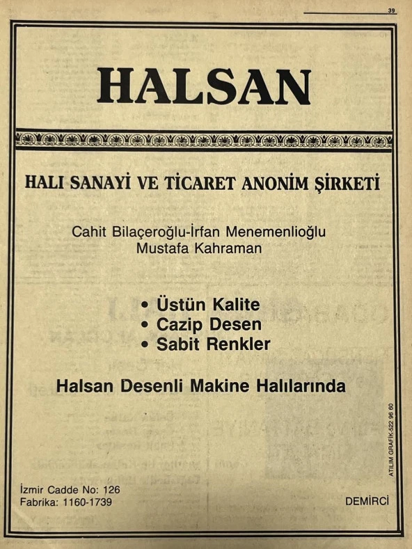 Manisa 1987 Meslek Reklam İlanı Efemera S-39