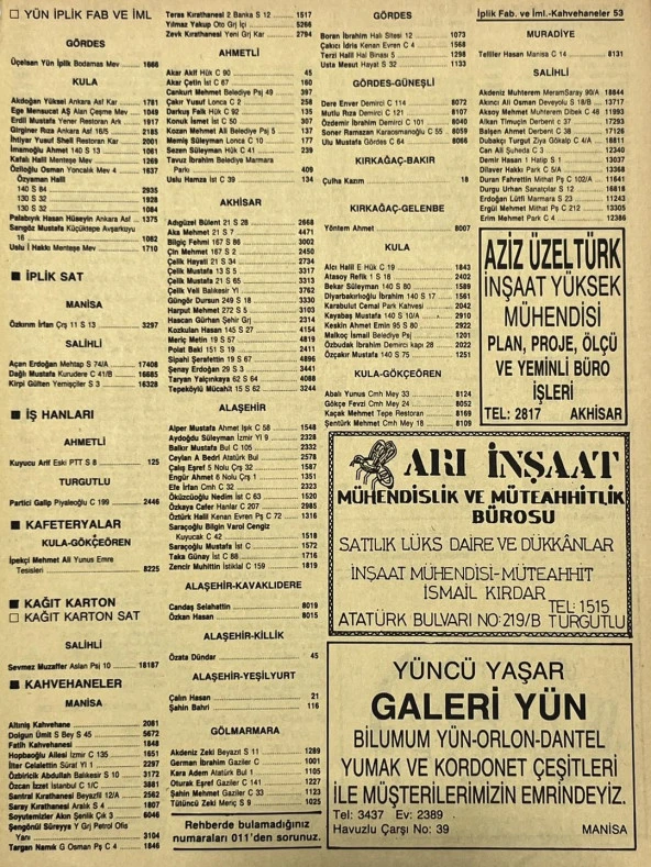 Manisa 1987 Meslek Reklam İlanı Efemera S-53