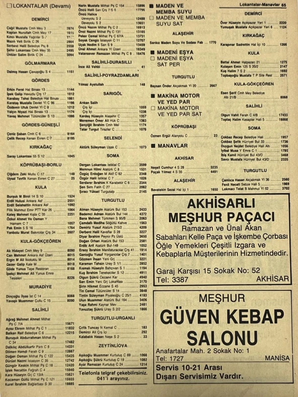 Manisa 1987 Meslek Reklam İlanı Efemera S-65