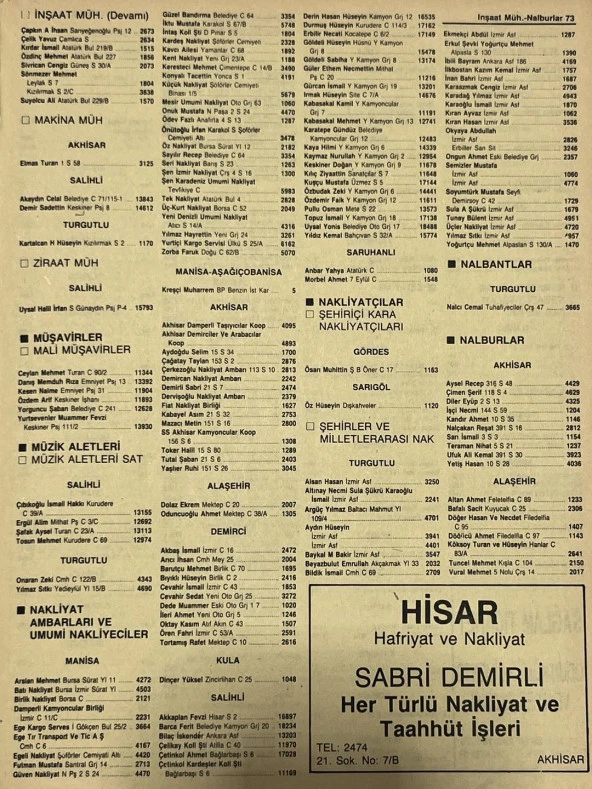 Manisa 1987 Meslek Reklam İlanı Efemera S-73