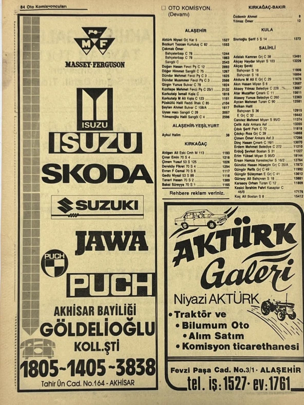 Manisa 1987 Meslek Reklam İlanı Efemera S-83 - 2