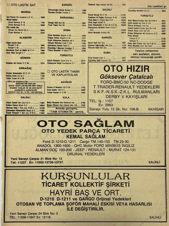 Manisa 1987 Meslek Reklam İlanı Efemera S-87