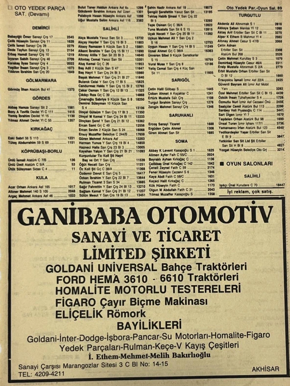 Manisa 1987 Meslek Reklam İlanı Efemera S-89