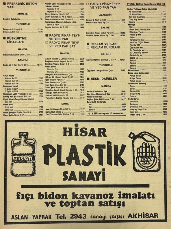 Manisa 1987 Meslek Reklam İlanı Efemera S-91