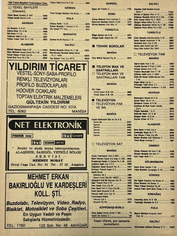 Manisa 1987 Meslek Reklam İlanı Efemera S-103 - 2