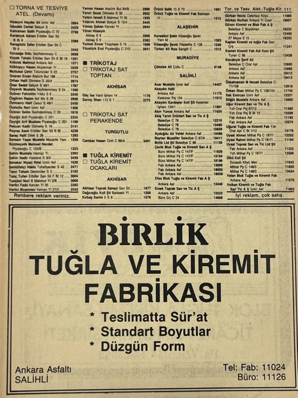 Manisa 1987 Meslek Reklam İlanı Efemera S-111