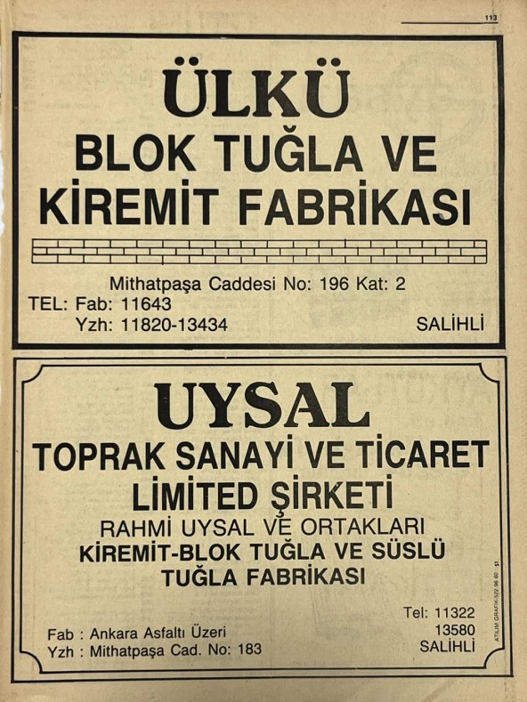 Manisa 1987 Meslek Reklam İlanı Efemera S-113